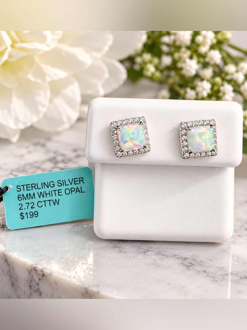 NWT Sterling Silver 6mm White Opal Stud Earrings Sparkling Halo 2.72 CTTW